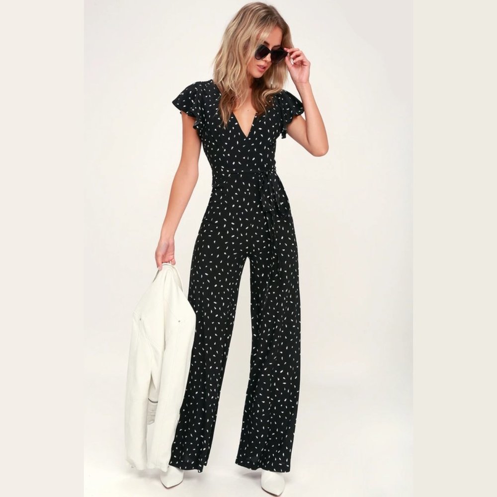lulus Fine Print Black and White Print Backless Jumpsuit Size M